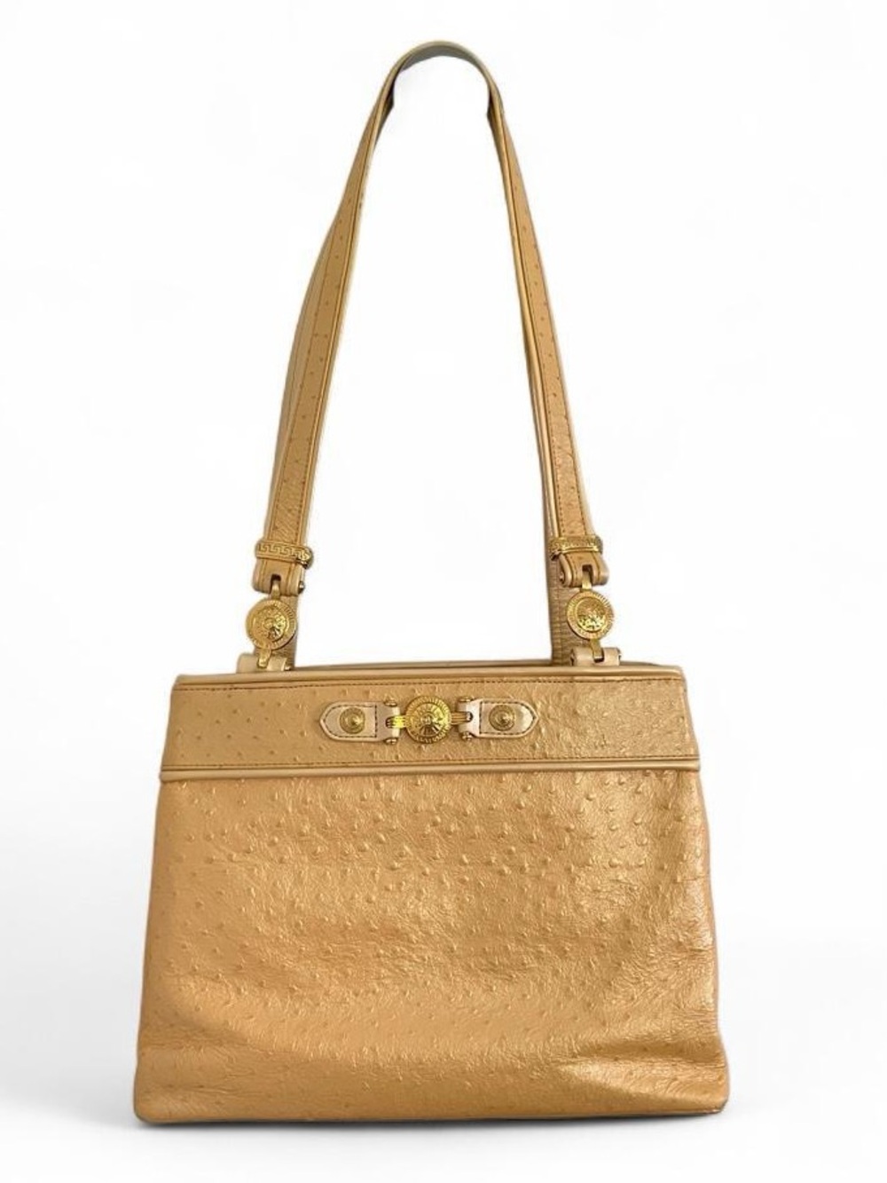 GIANNI VERSACE • Authentic Vintage 1990s Gold Sunburst Ostrich Leather Bag